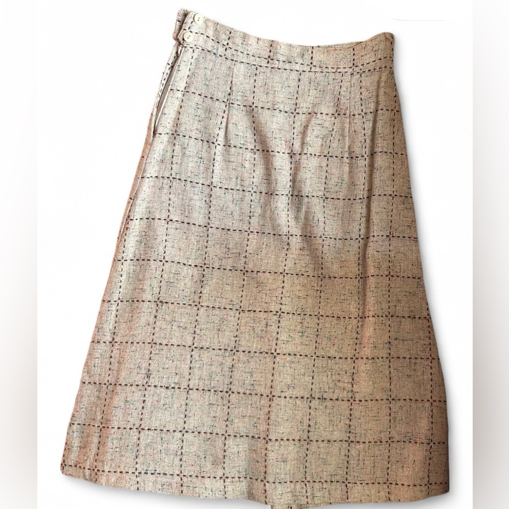 Vintage Handmade Tan Midi Skirt with Button Clasp and Zipper